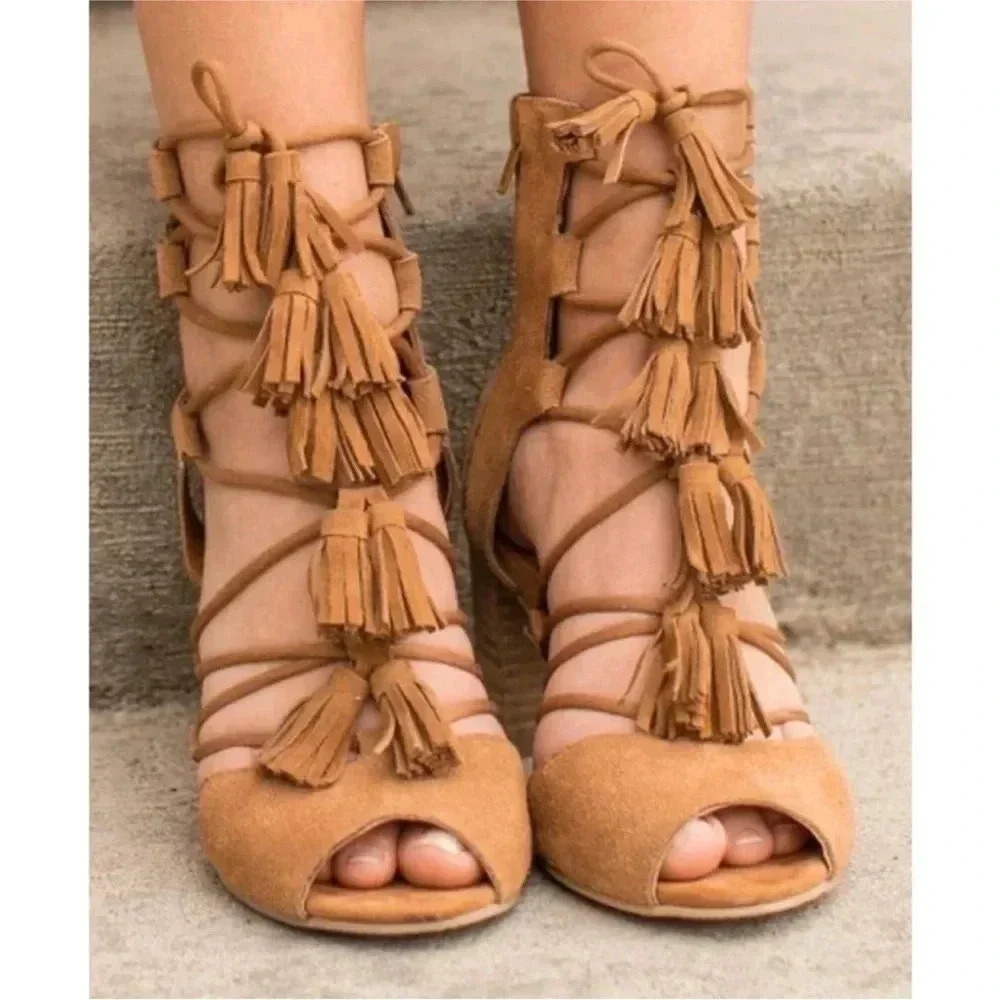 Joyfolie Imala Nutmeg Sandals Suede Leather Shoes Festival Fringe Sz 8.5